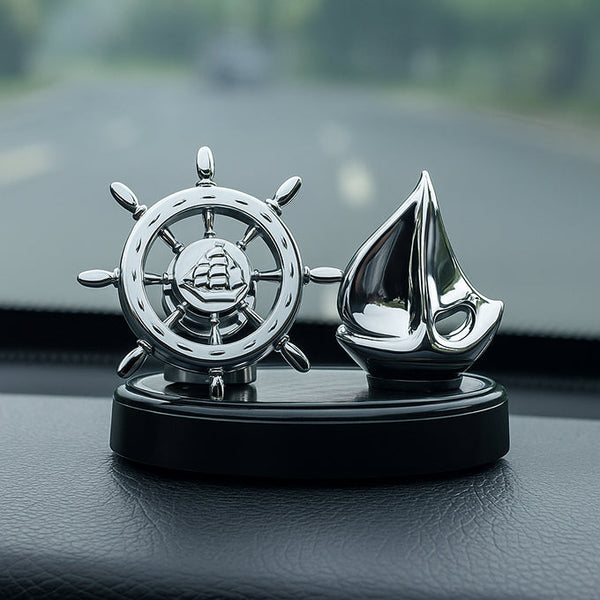Solar-Powered 360° Rotating Nautical Dashboard Ornament – Ship Wheel & Sailboat